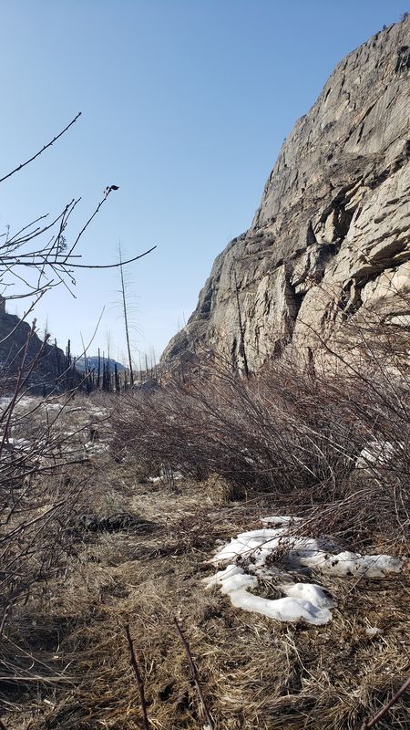 Detailed view of Tonasket Gneiss rock face at McLaughlin Canyon showing banded texture and climbing features