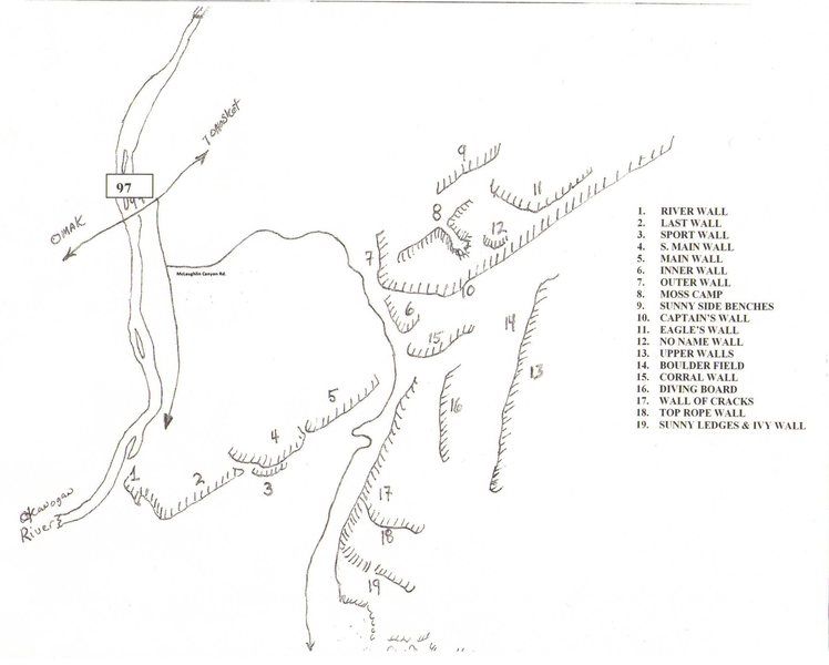 Hand-drawn overview map of McLaughlin Canyon showing all 19 named climbing areas including Last Wall, Main Wall, Sport Wall, Corral Wall, Wall of Cracks, and others relative to Highway 97 and the Okanogan River